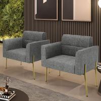 Poltrona Pé De Ferro Dourado Para Sala Kit 2 Elisa Linho D03 - D'rossi Cor A26 Grafite - 6