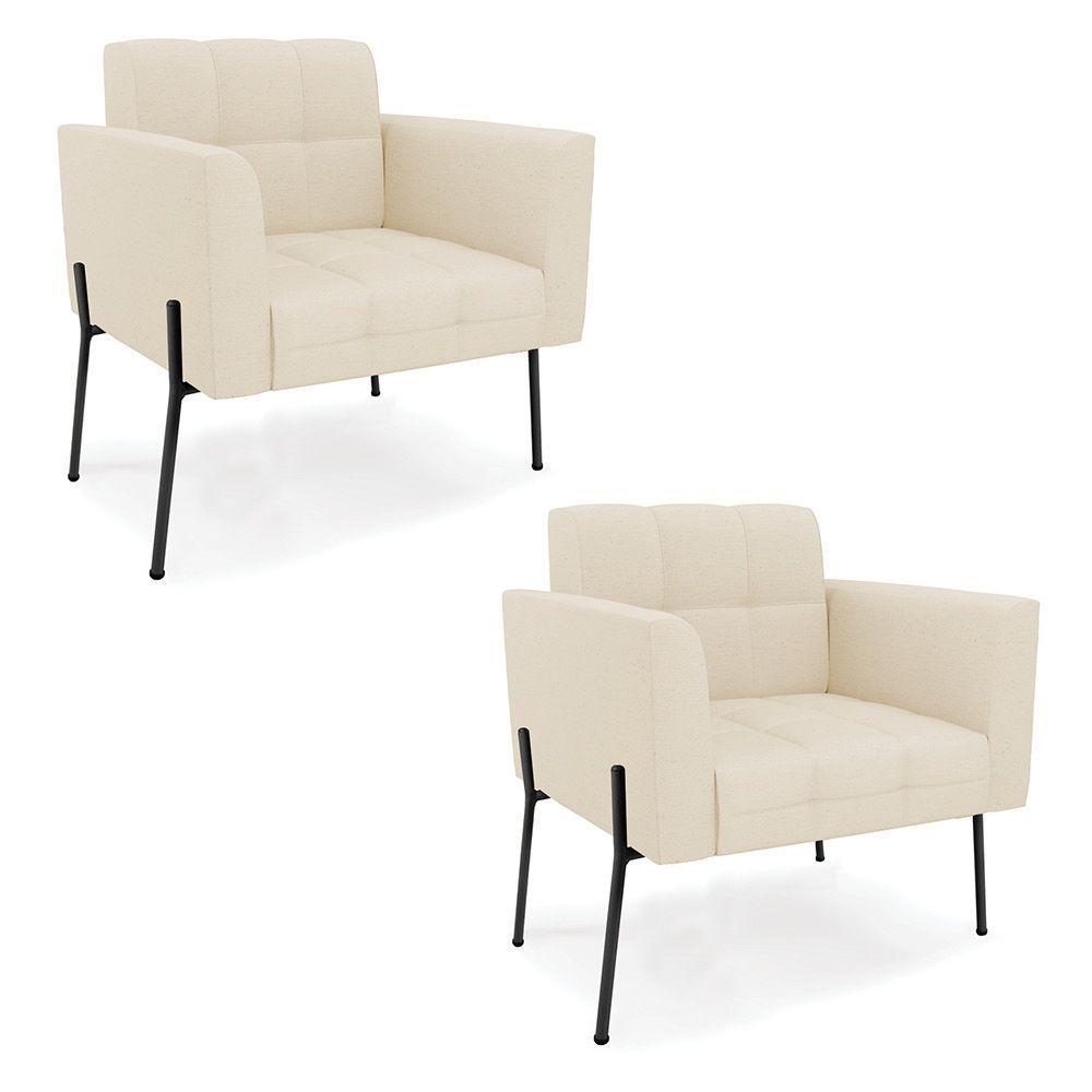 Poltrona Pé De Ferro Preto Para Sala Kit 2 Elisa Linho Bege A19 D03 - D'rossi - 1