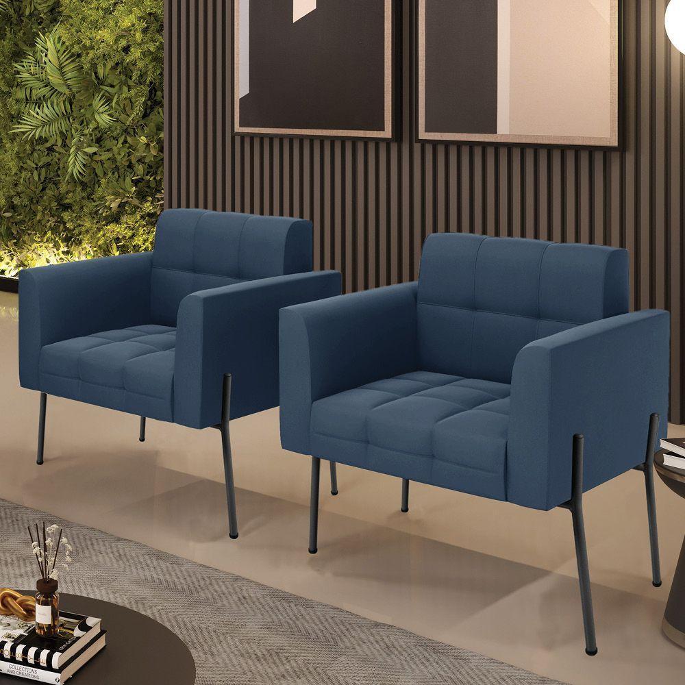 Poltrona Pé De Ferro Preto Para Sala Kit 2 Elisa Suede D03 - D'rossi Cor Azul Marinho - 6