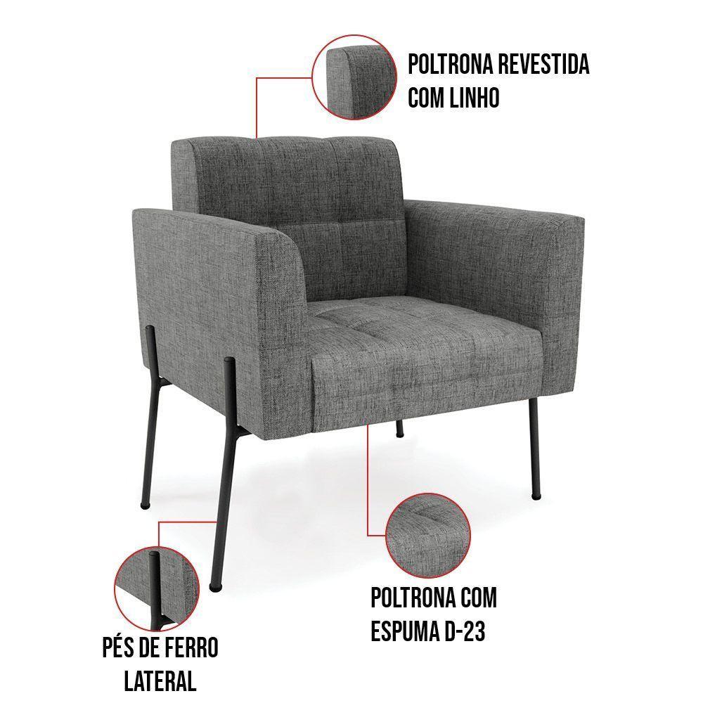 Poltrona Pé De Ferro Preto Para Sala Elisa Linho D03 - D'rossi Cor A26 Grafite - 3