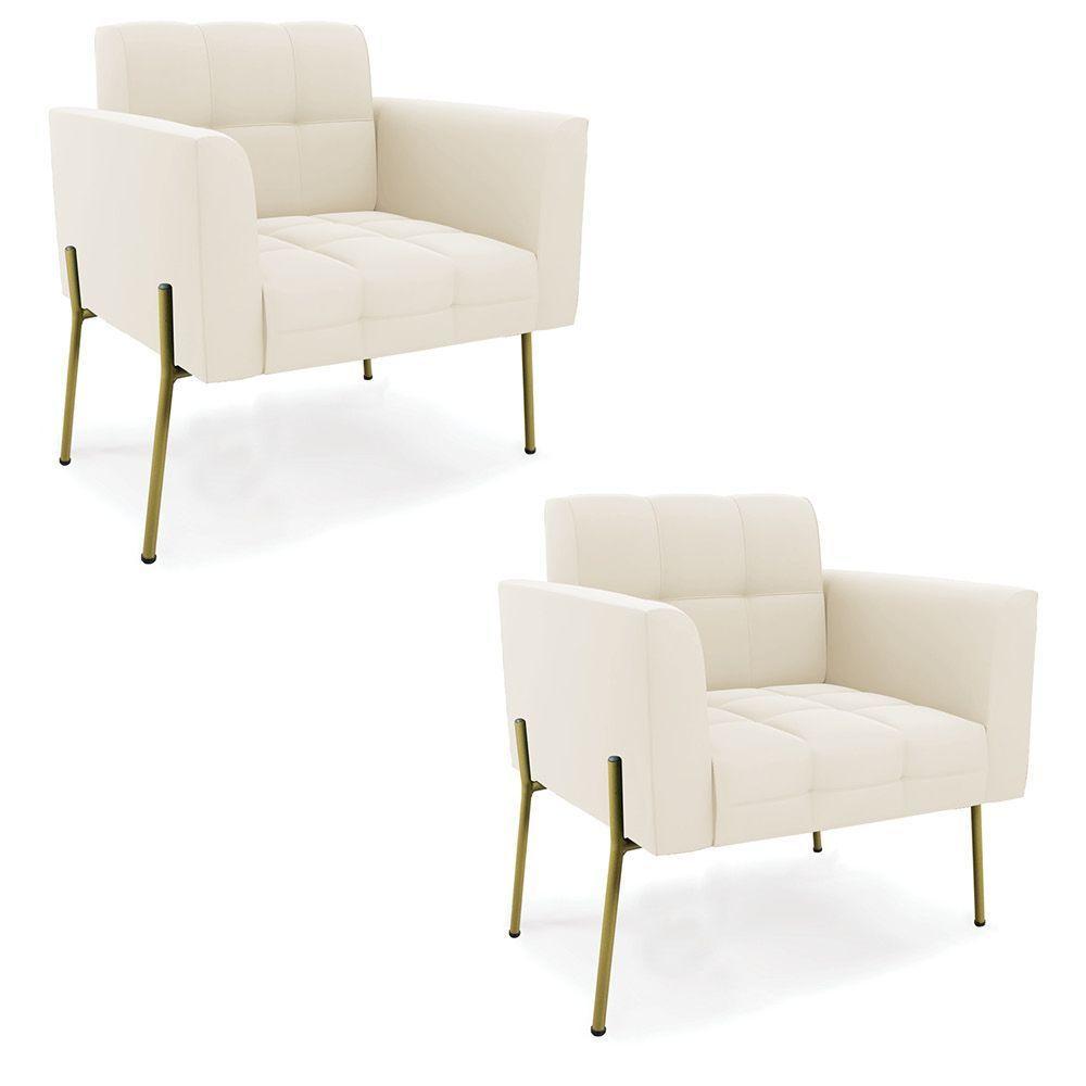 Poltrona Pé De Ferro Dourado Para Sala Kit 2 Elisa Veludo Bege D03 - D'rossi - 1