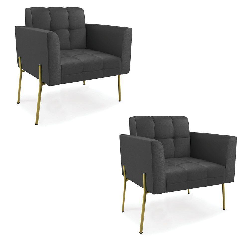 Poltrona Pé De Ferro Dourado Para Sala Kit 2 Elisa Corino Preto D03 - D'rossi - 1