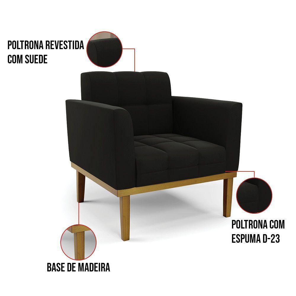 Poltrona Base De Madeira Fixa Castanho Elisa Suede Preto D03 - D'rossi - 2