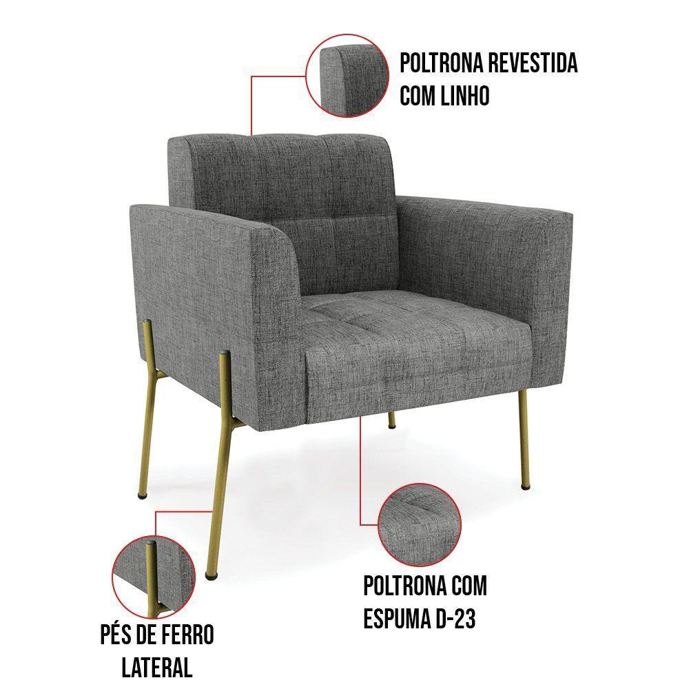 Poltrona Pé De Ferro Dourado Para Sala Elisa Linho Grafite A26 D03 - D'rossi - 3