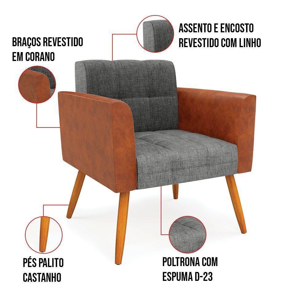 Poltrona Pés Palito Castanho Elisa Nozes-linho Grafite A26 D03 - D'rossi - 2