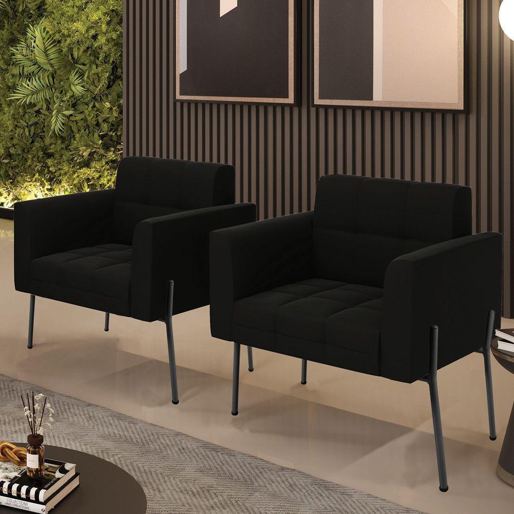 Poltrona Pé De Ferro Preto Para Sala Kit 2 Elisa Suede D03 - D'rossi Cor Preto - 6