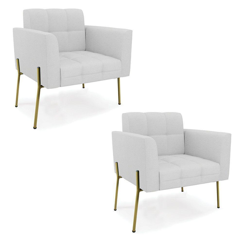 Poltrona Pé De Ferro Dourado Para Sala Kit 2 Elisa Linho Cinza A05 D03 - D'rossi - 1