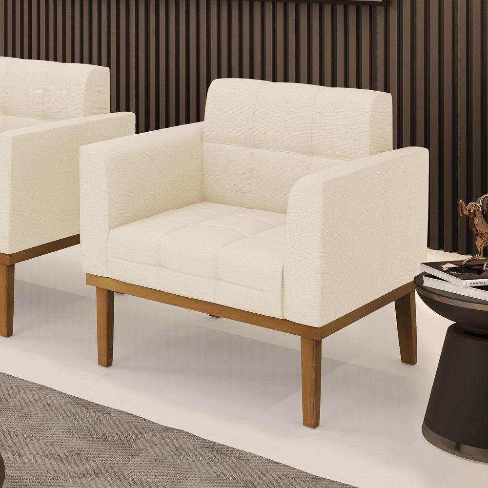 Poltrona Base De Madeira Fixa Castanho Elisa Linho Bege A19 D03 - D'rossi - 6