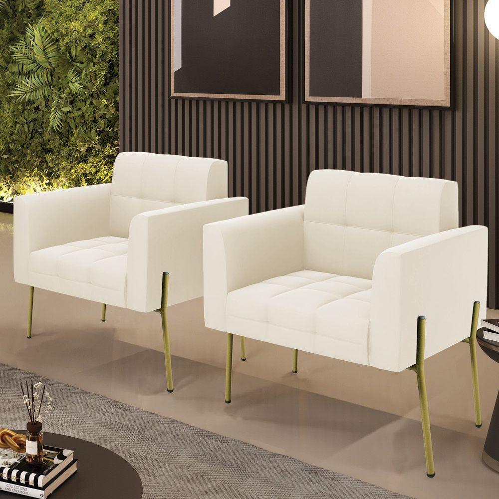 Poltrona Pé De Ferro Dourado Para Sala Kit 2 Elisa Veludo D03 - D'rossi Cor Bege - 6