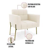 Poltrona Pé De Ferro Dourado Para Sala Kit 2 Elisa Veludo D03 - D'rossi Cor Bege - 3