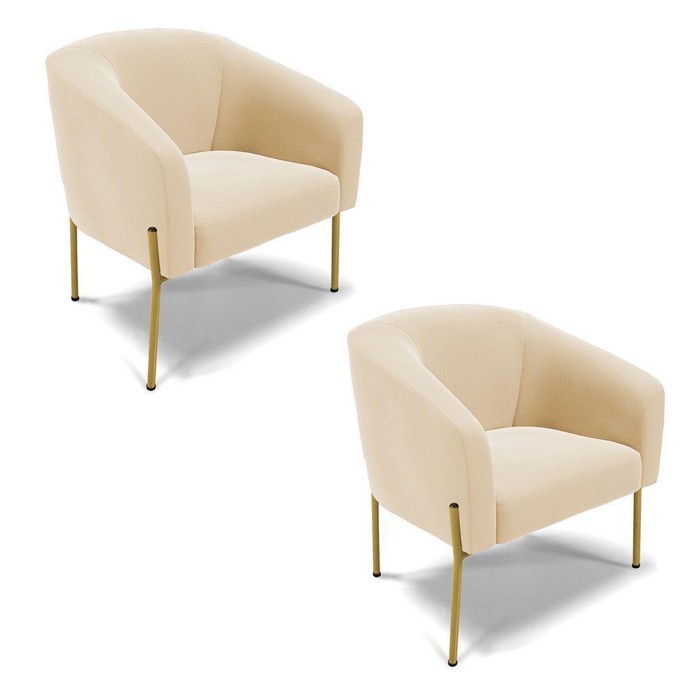 Poltrona Pé De Ferro Dourado Kit 2 Stella Suede Bege D03 - D'rossi - 1