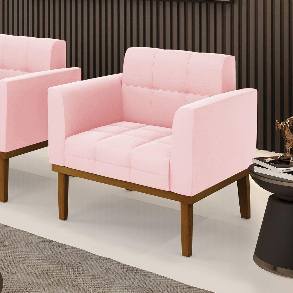 Poltrona Base De Madeira Fixa Castanho Elisa Suede Rosa Bebê D03 - D'rossi - 6