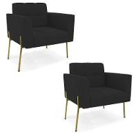 Poltrona Pé De Ferro Dourado Para Sala Kit 2 Elisa Veludo Preto D03 - D'rossi - 1