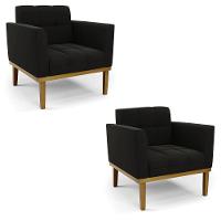 Poltrona Base De Madeira Fixa Castanho Kit 2 Elisa Suede Preto D03 - D'rossi - 1