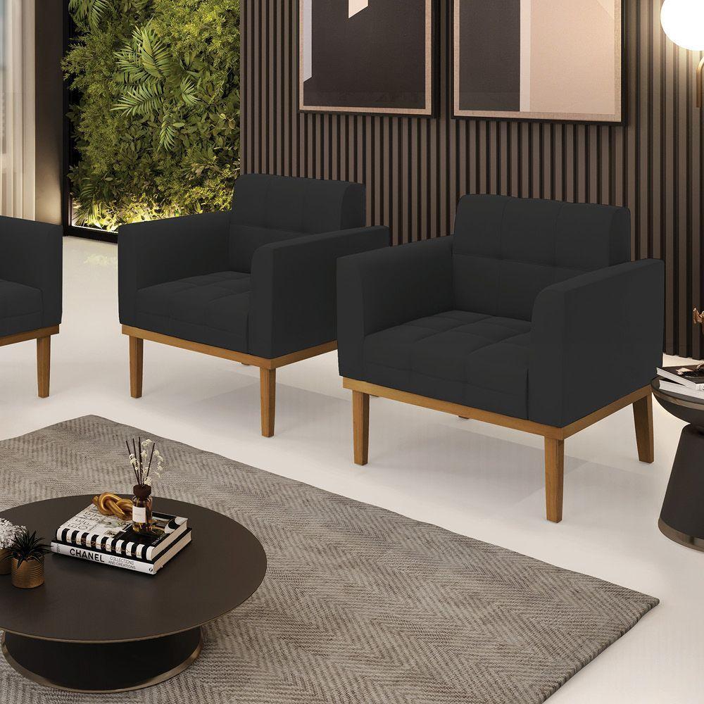 Poltrona Base De Madeira Fixa Castanho Kit 2 Elisa Veludo Preto D03 - D'rossi - 6