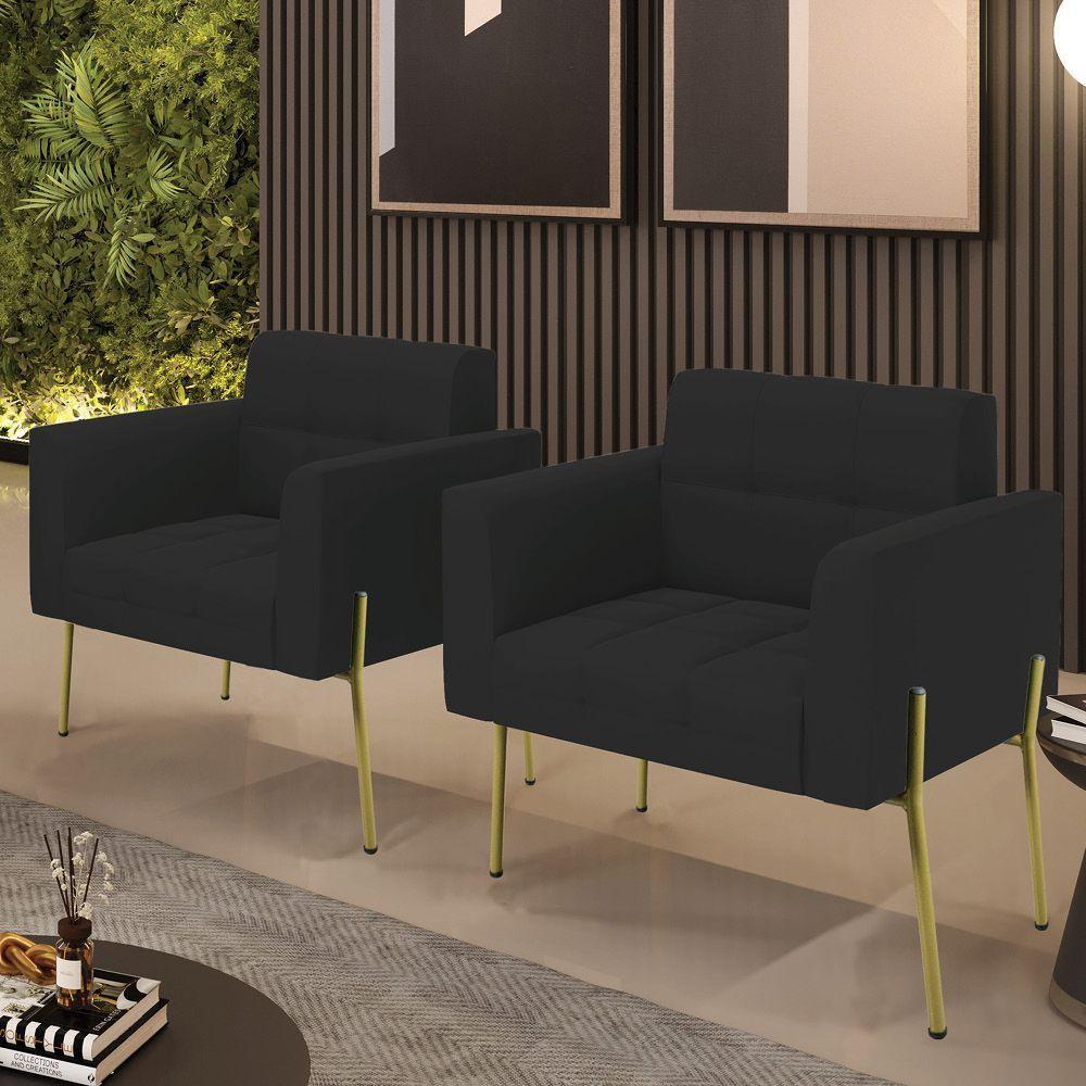 Poltrona Pé De Ferro Dourado Para Sala Kit 2 Elisa Veludo D03 - D'rossi Cor Preto - 6