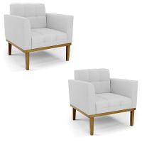 Poltrona Base De Madeira Fixa Castanho Kit 2 Elisa Linho Cinza A05 D03 - D'rossi - 1