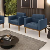 Poltrona Base De Madeira Fixa Castanho Kit 2 Elisa Suede Azul Marinho D03 - D'rossi - 6