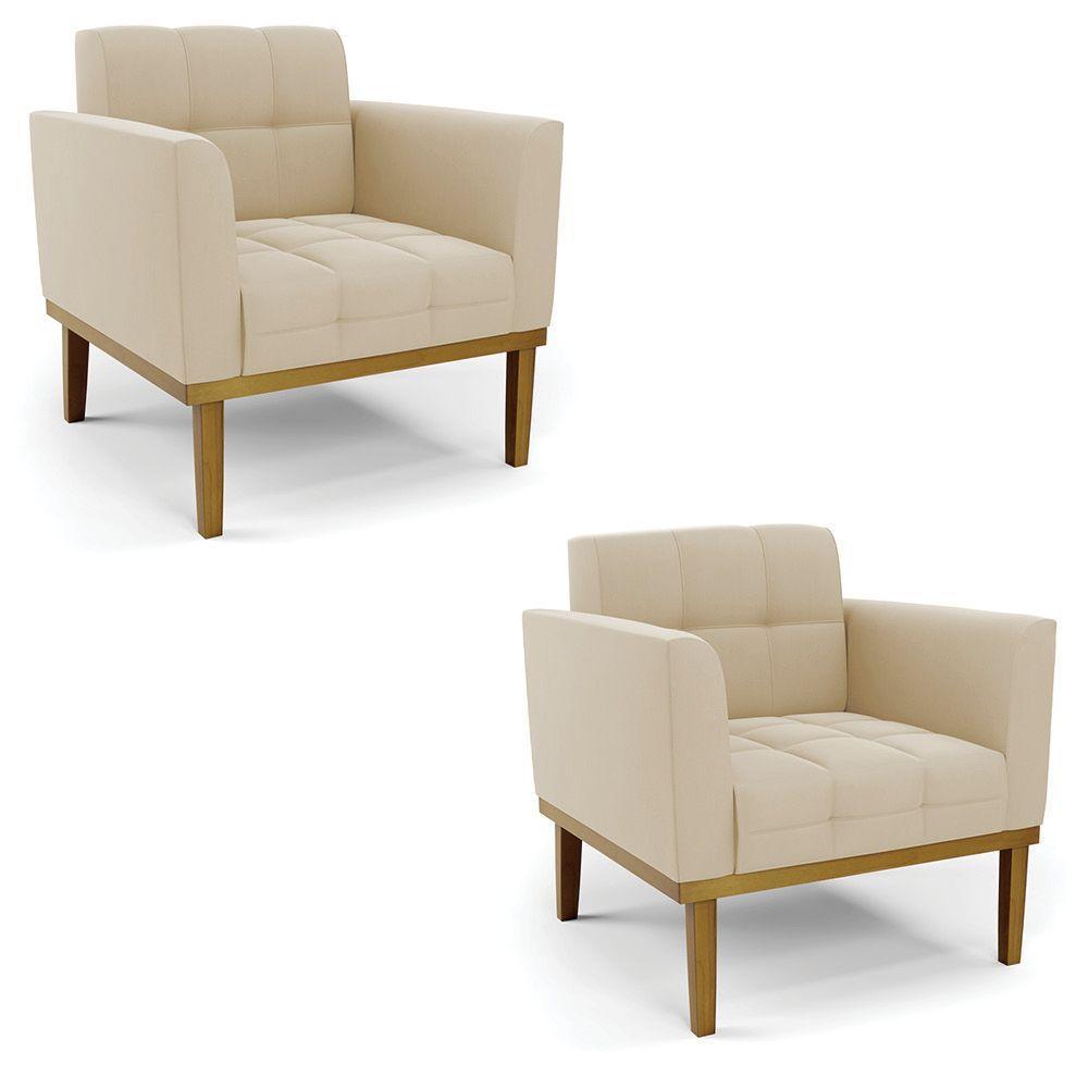 Poltrona Base De Madeira Fixa Castanho Kit 2 Elisa Suede Bege D03 - D'rossi - 1