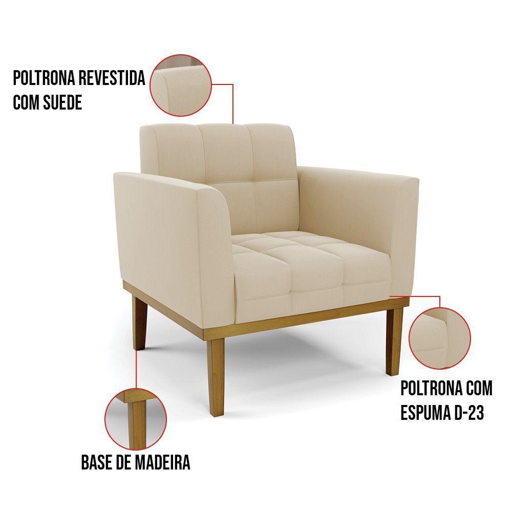 Poltrona Base De Madeira Fixa Castanho Kit 2 Elisa Suede Bege D03 - D'rossi - 2