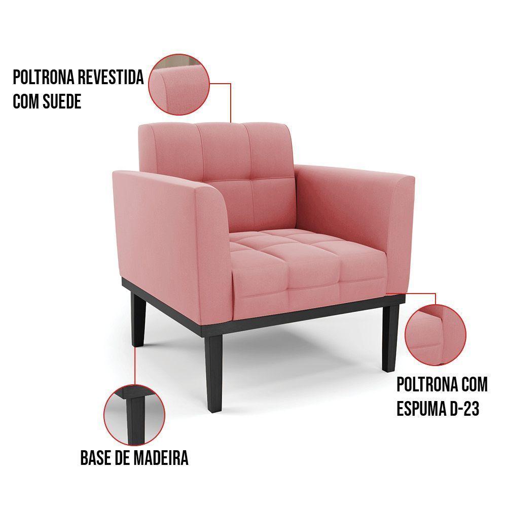 Poltrona Base De Madeira Fixa Preto Kit 2 Elisa Suede Rosê D03 - D'rossi - 2