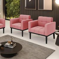 Poltrona Base De Madeira Fixa Preto Kit 2 Elisa Suede Rosê D03 - D'rossi - 6