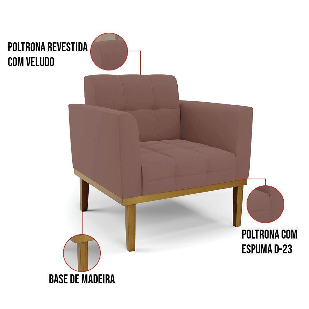 Poltrona Base De Madeira Fixa Castanho Kit 2 Elisa Veludo Rosê D03 - D'rossi - 2