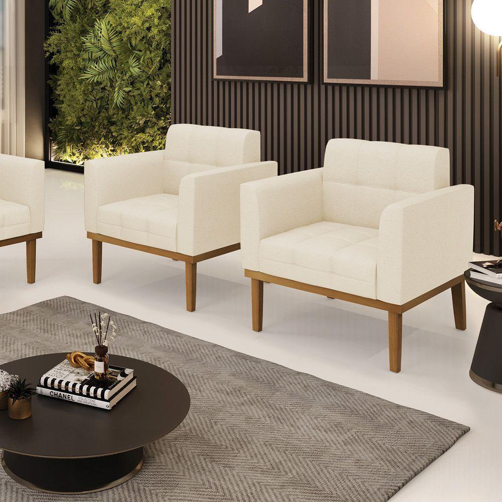 Poltrona Base De Madeira Fixa Castanho Kit 2 Elisa Linho D03 - D'rossi Cor A19 Bege - 5