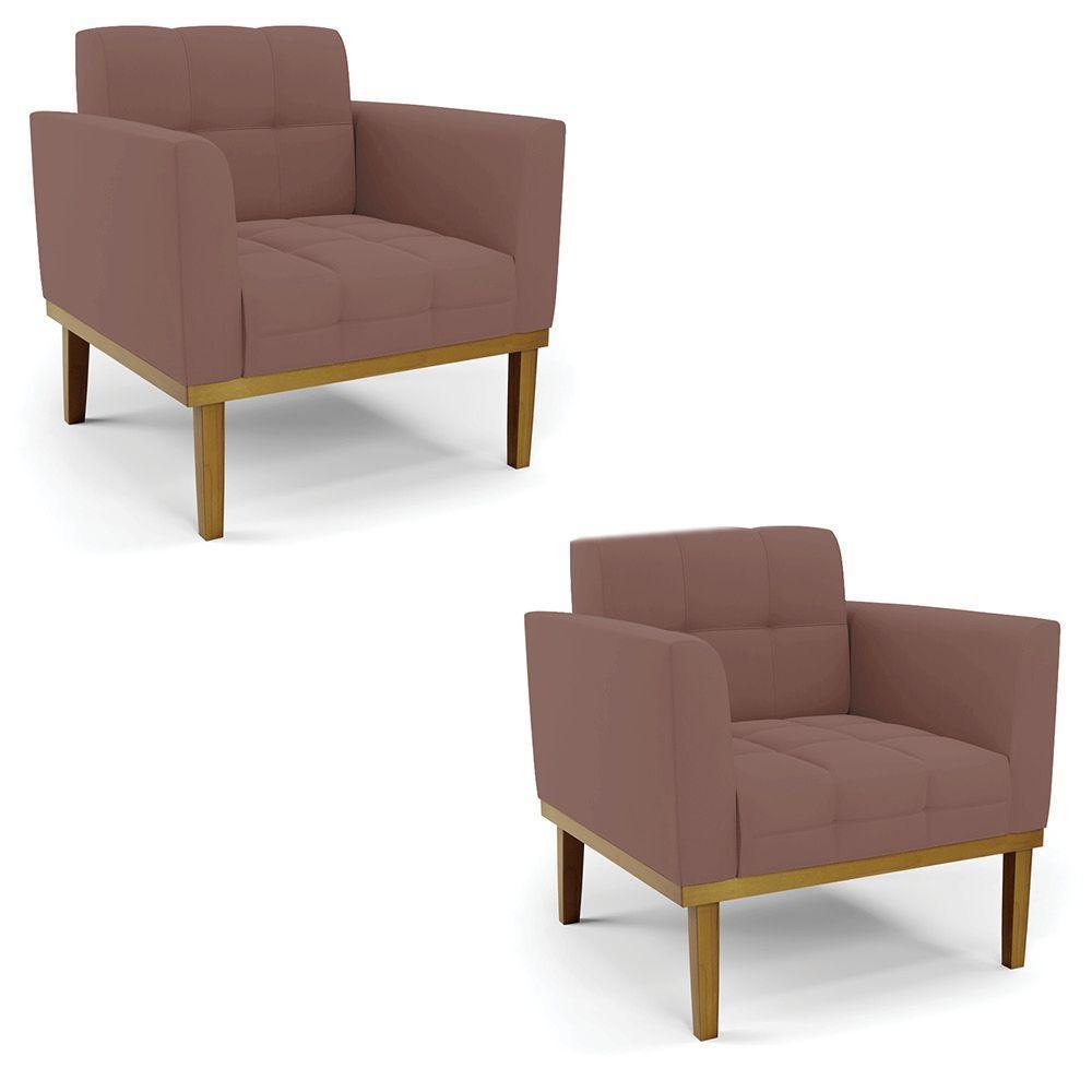 Poltrona Base De Madeira Fixa Castanho Kit 2 Elisa Veludo D03 - D'rossi Cor Rose - 1