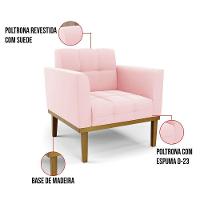 Poltrona Base De Madeira Fixa Castanho Kit 2 Elisa Suede Rosa Bebê D03 - D'rossi - 2