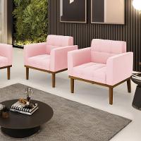 Poltrona Base De Madeira Fixa Castanho Kit 2 Elisa Suede Rosa Bebê D03 - D'rossi - 6
