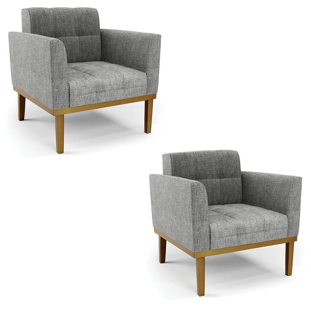 Poltrona Base De Madeira Fixa Castanho Kit 2 Elisa Linho Grafite A26 D03 - D'rossi - 1