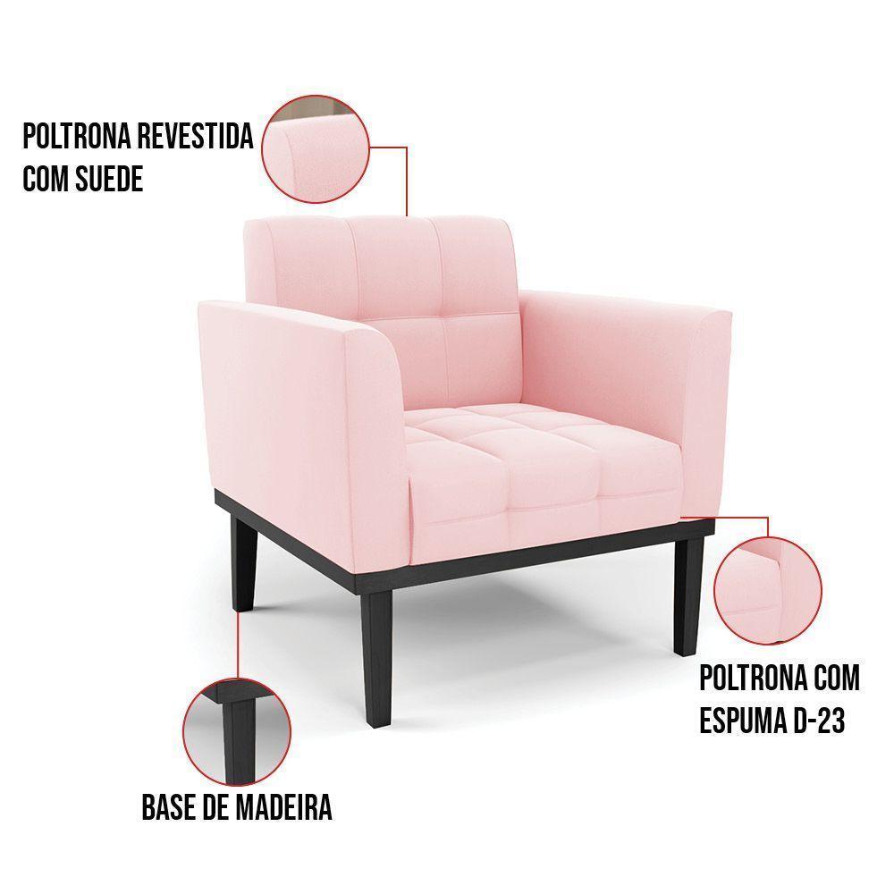 Poltrona Base De Madeira Fixa Preto Elisa Suede Rosa Bebê D03 - D'rossi - 2