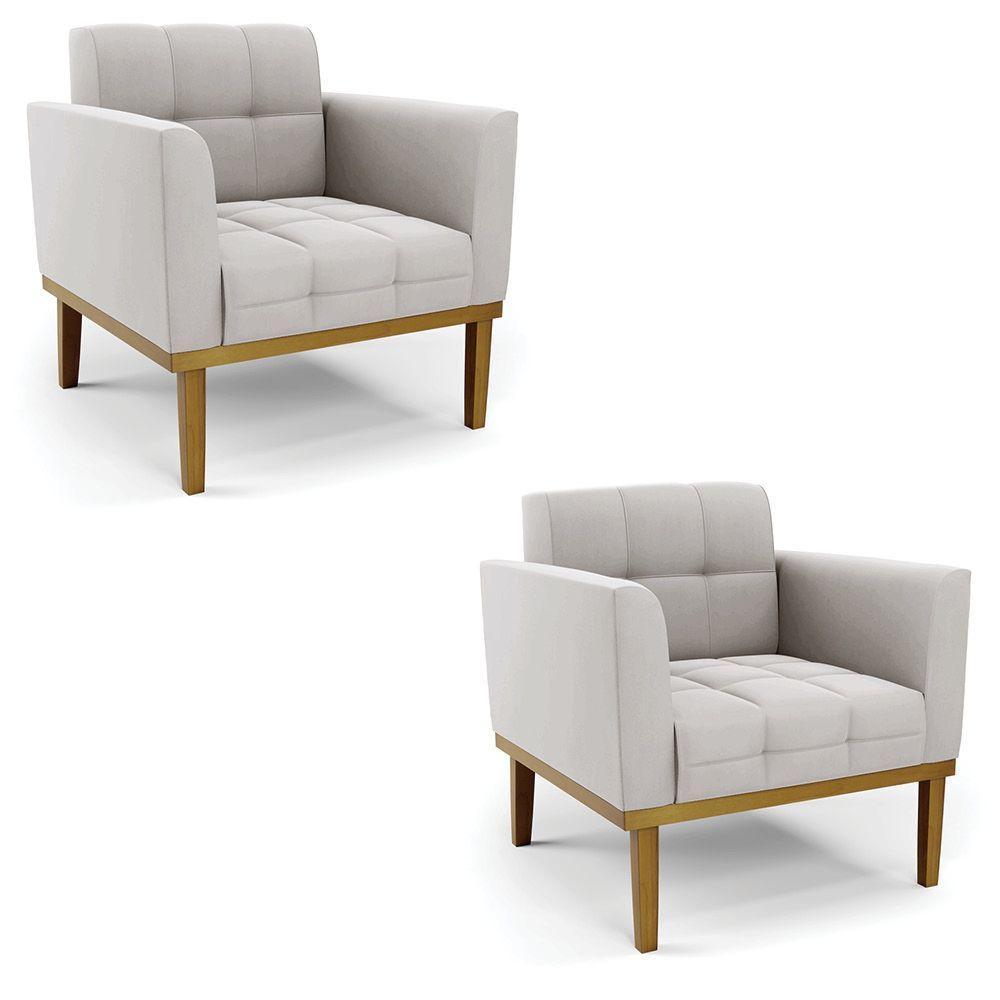 Poltrona Base De Madeira Fixa Castanho Kit 2 Elisa Veludo Cinza D03 - D'rossi - 1