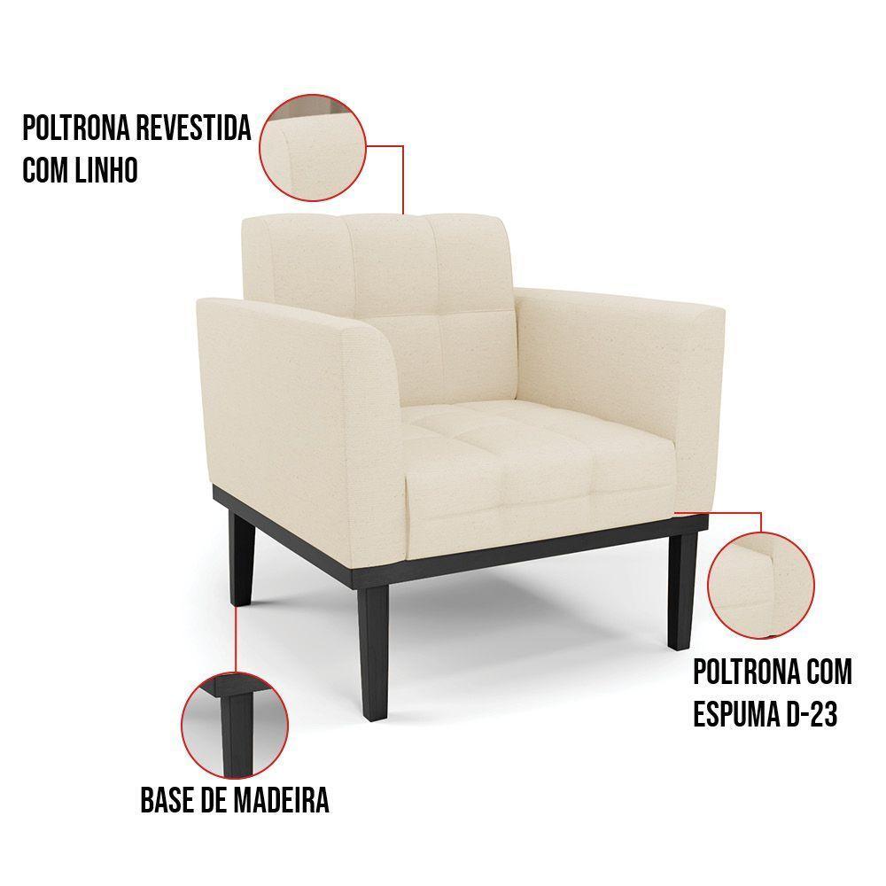 Poltrona Base De Madeira Fixa Preto Elisa Linho Bege A19 D03 - D'rossi - 2