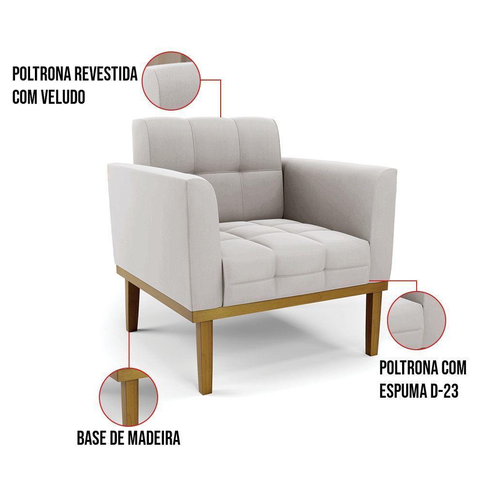 Poltrona Base De Madeira Fixa Castanho Elisa Veludo D03 - D'rossi Cor Cinza - 2