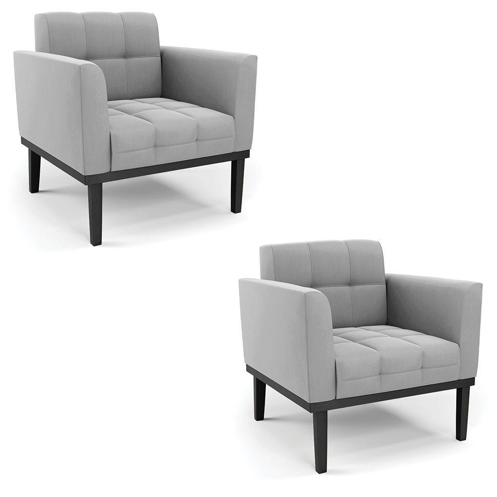 Poltrona Base De Madeira Fixa Preto Kit 2 Elisa Suede D03 - D'rossi Cor Cinza - 1