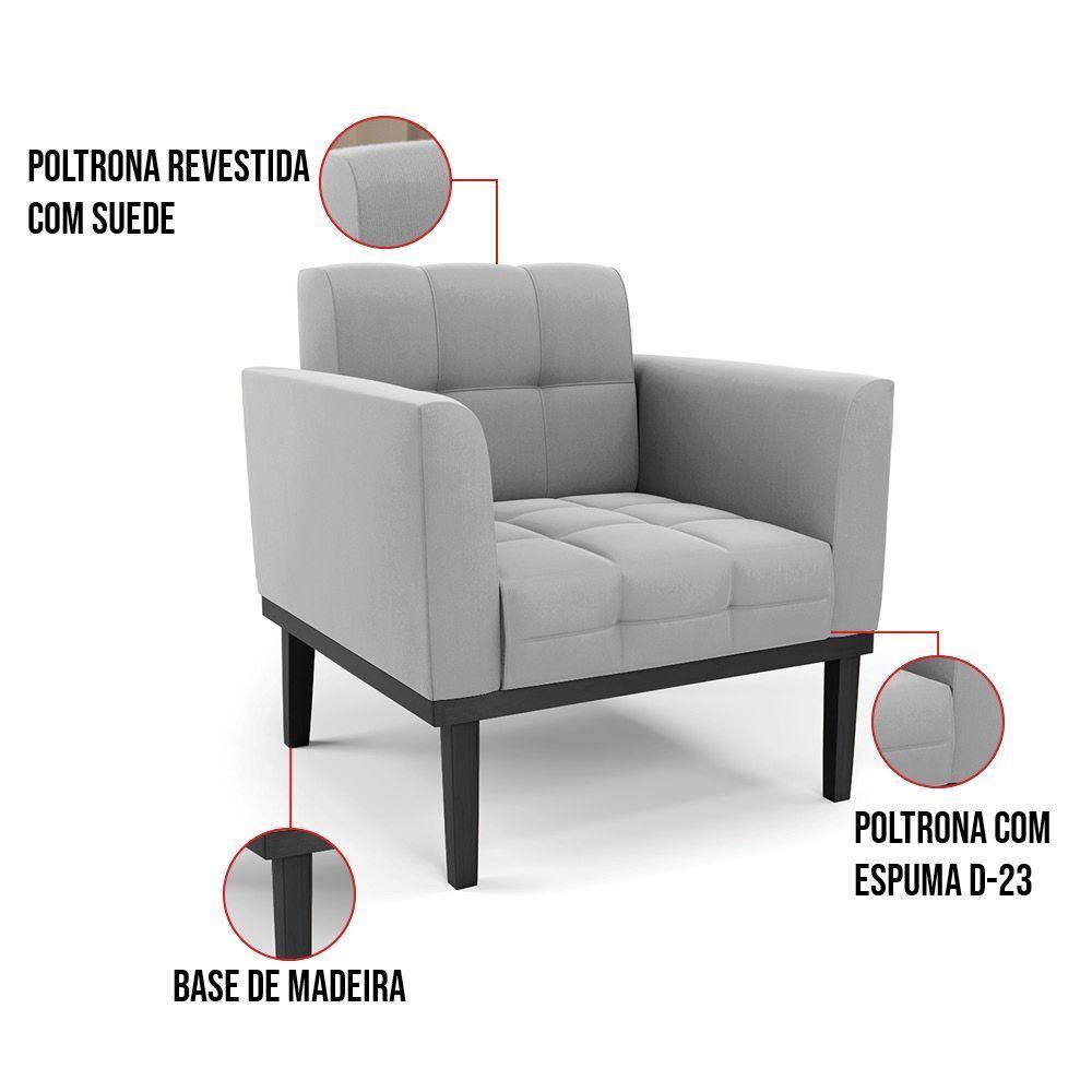 Poltrona Base De Madeira Fixa Preto Kit 2 Elisa Suede D03 - D'rossi Cor Cinza - 2