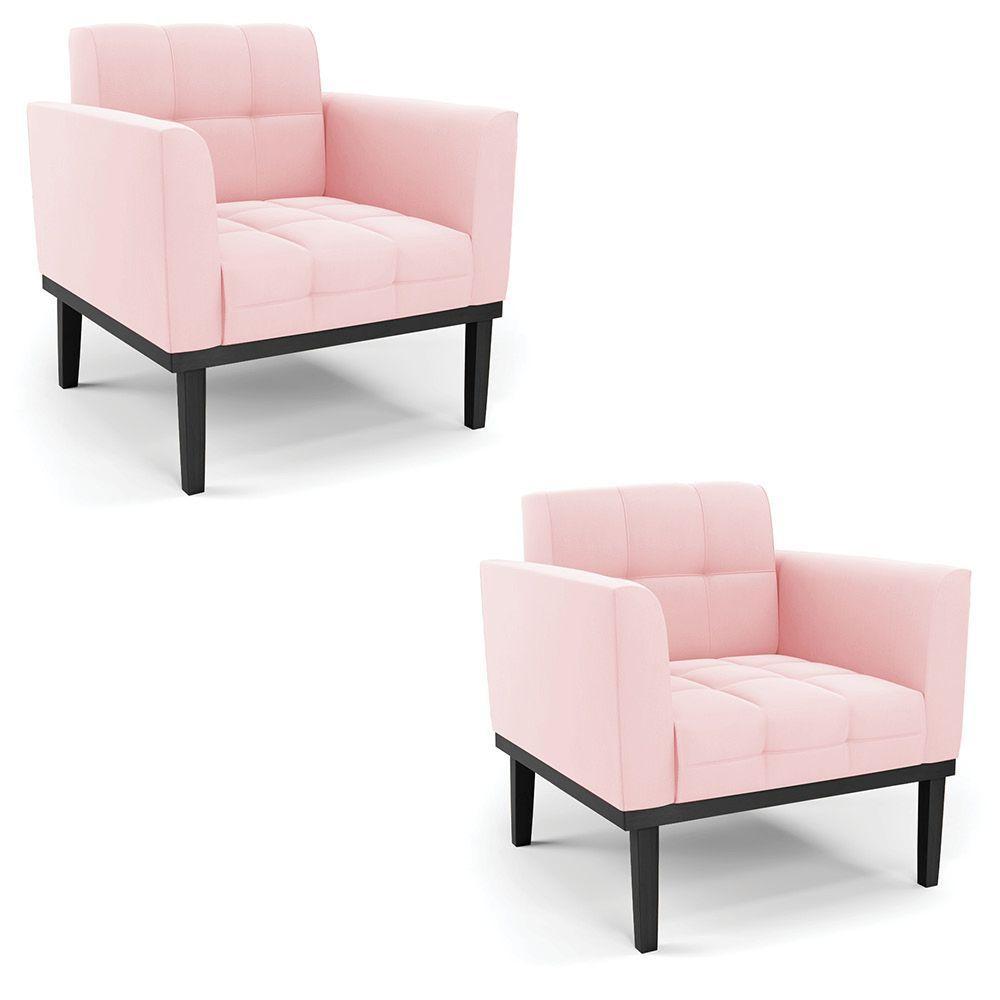 Poltrona Base De Madeira Fixa Preto Kit 2 Elisa Suede D03 - D'rossi Cor Rosa Bebê - 1