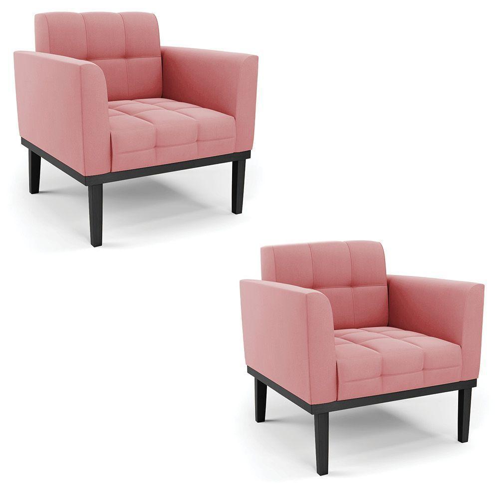 Poltrona Base De Madeira Fixa Preto Kit 2 Elisa Suede D03 - D'rossi Cor Rose - 1