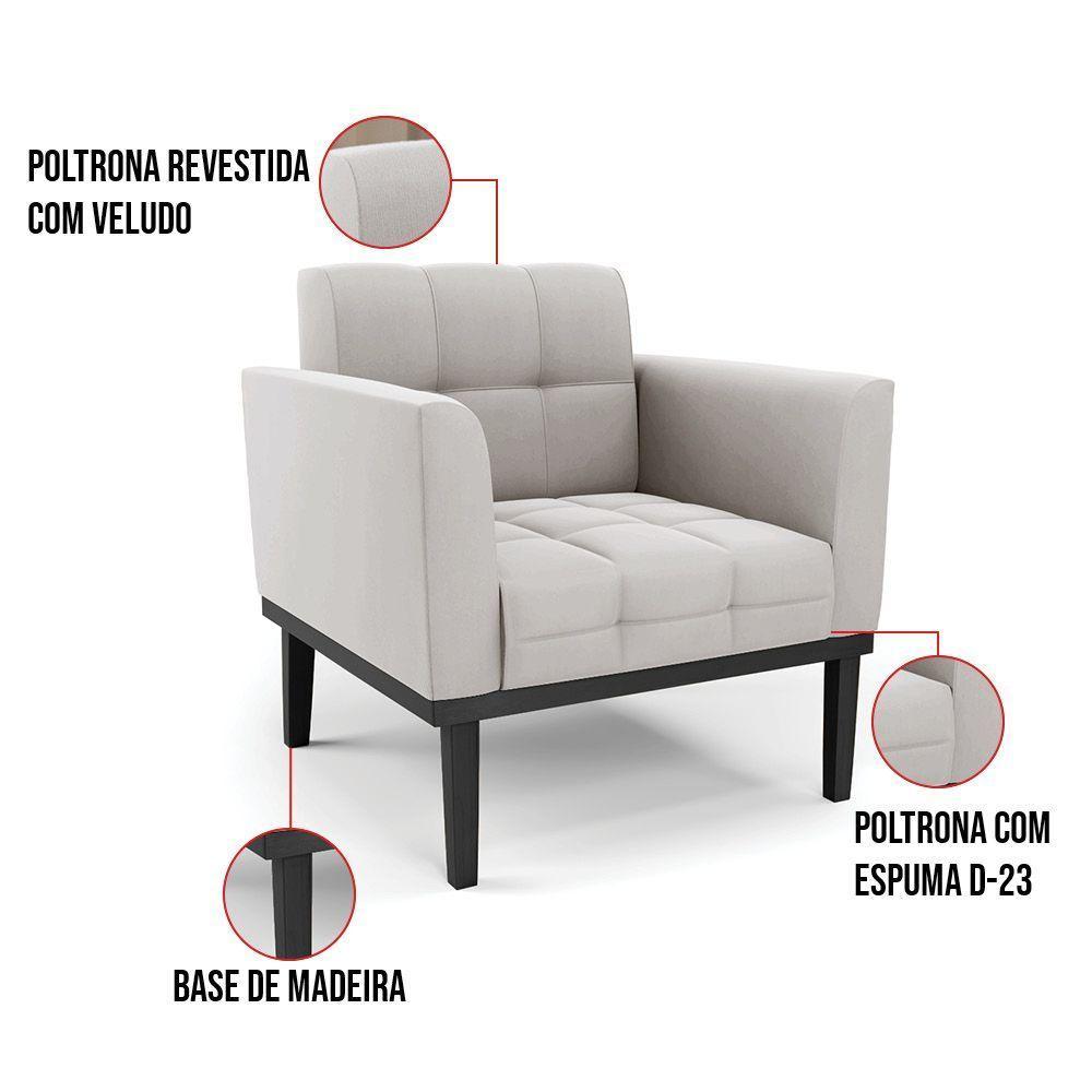 Poltrona Base De Madeira Fixa Preto Kit 2 Elisa Veludo D03 - D'rossi Cor Cinza - 2
