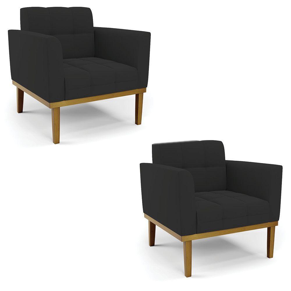 Poltrona Base De Madeira Fixa Castanho Kit 2 Elisa Veludo D03 - D'rossi Cor Preto - 1