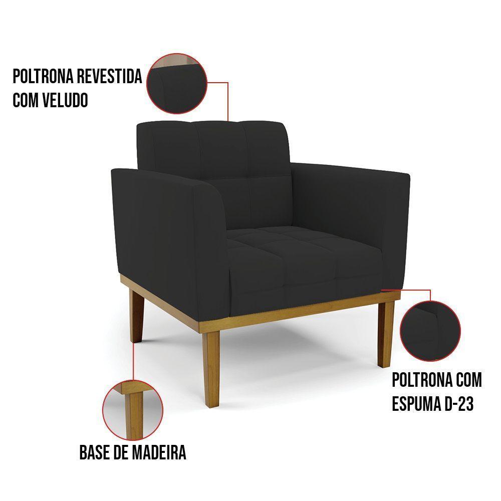 Poltrona Base De Madeira Fixa Castanho Kit 2 Elisa Veludo D03 - D'rossi Cor Preto - 2