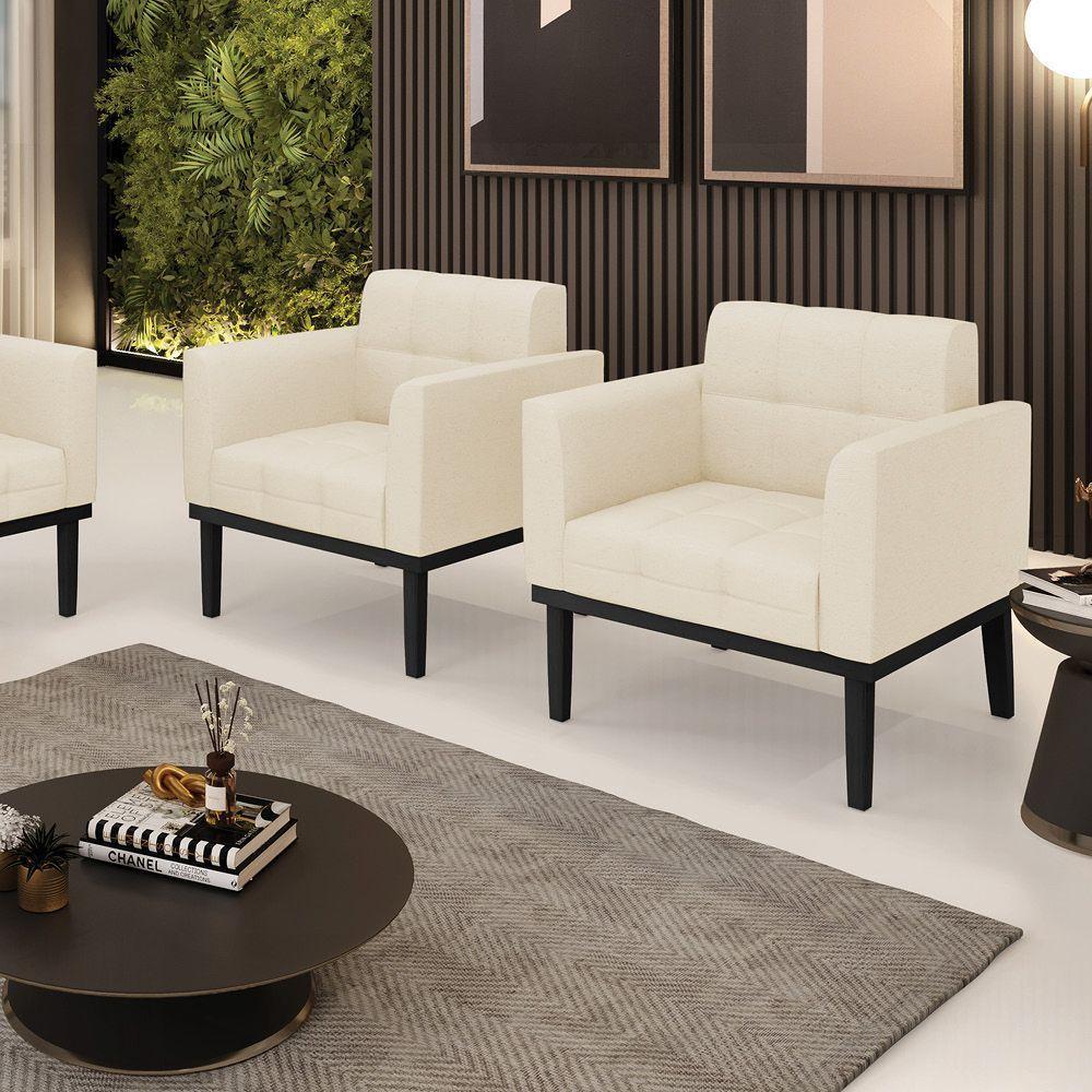 Poltrona Base De Madeira Fixa Preto Kit 2 Elisa Linho D03 - D'rossi Cor A19 Bege - 6