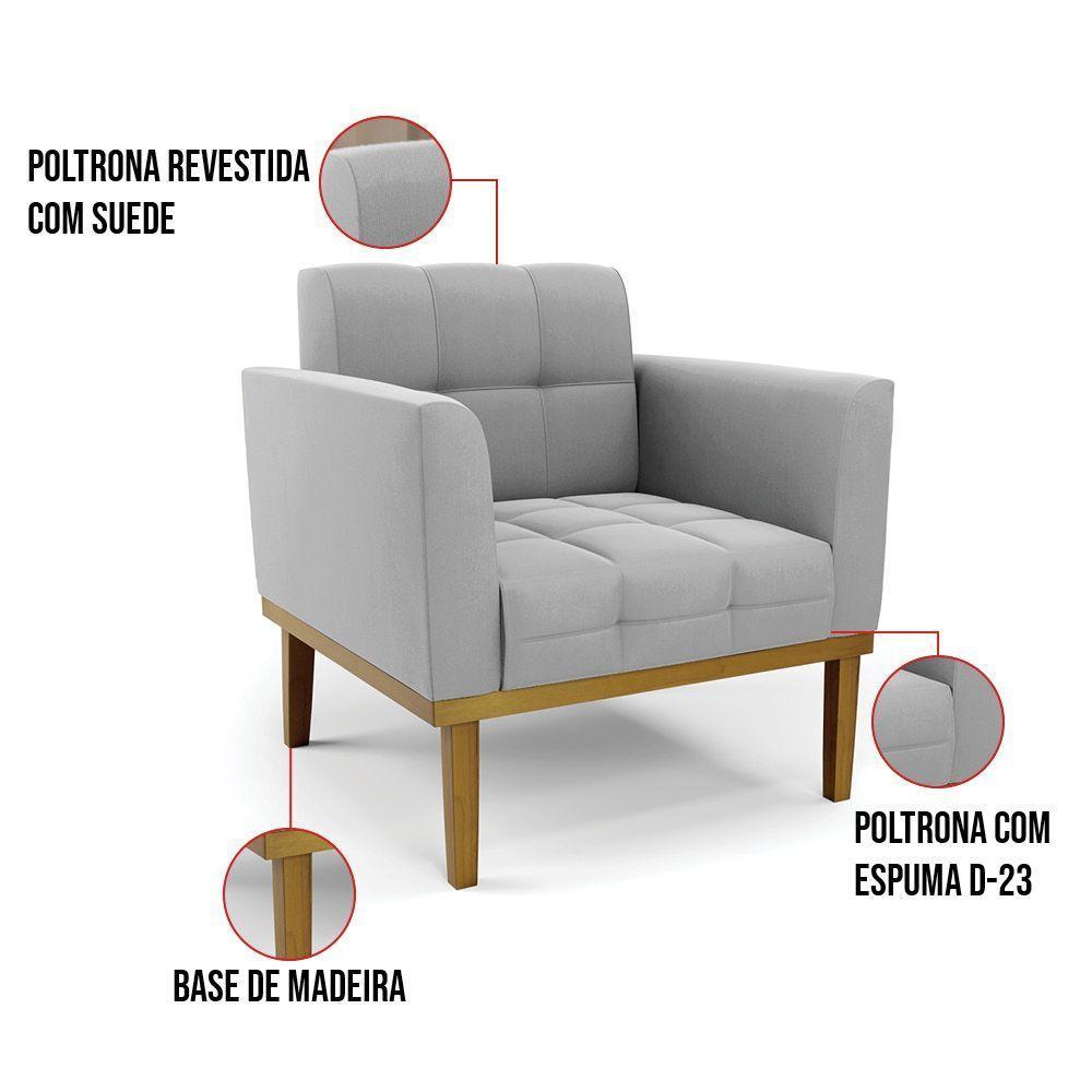 Poltrona Base De Madeira Fixa Castanho Kit 2 Elisa Suede Cinza D03 - D'rossi - 2