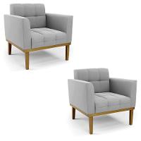 Poltrona Base De Madeira Fixa Castanho Kit 2 Elisa Suede Cinza D03 - D'rossi - 1