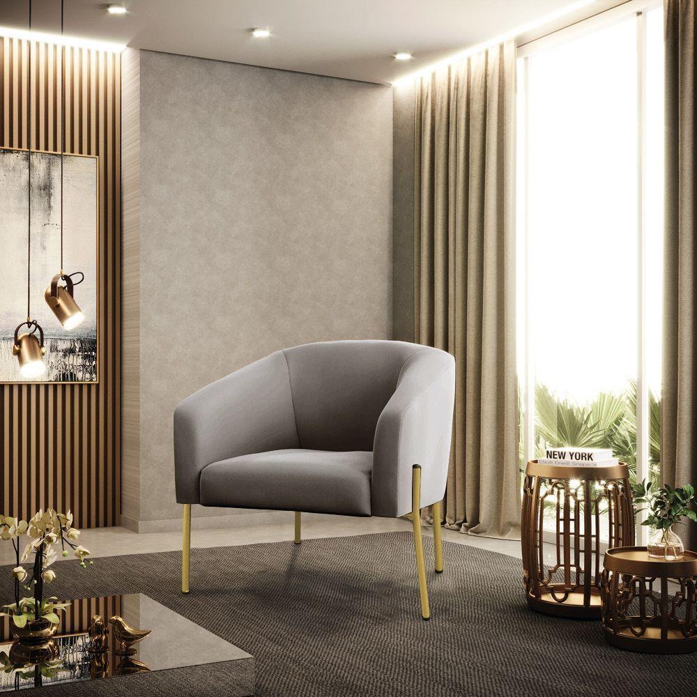 Poltrona Pé De Ferro Dourado Kit 2 Stella Veludo D03 - D'rossi Cor Cinza - 1