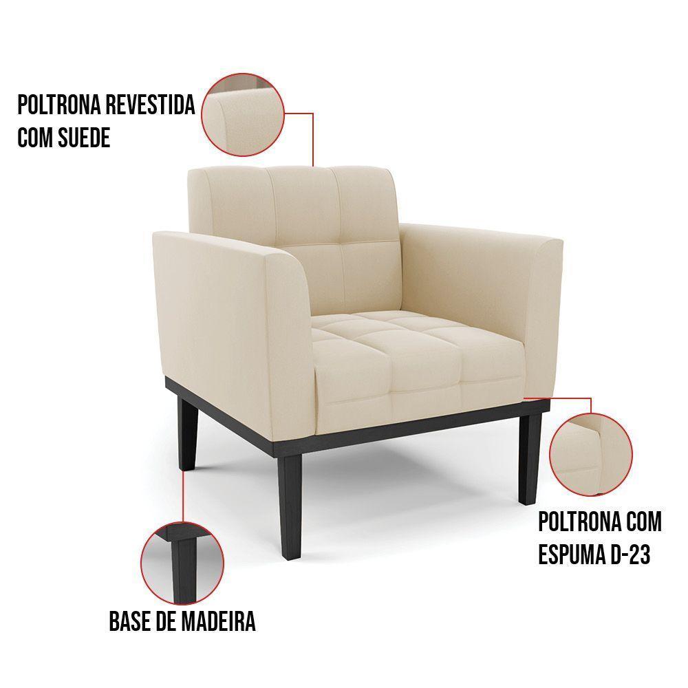 Poltrona Base De Madeira Fixa Preto Kit 2 Elisa Suede Bege D03 - D'rossi - 2