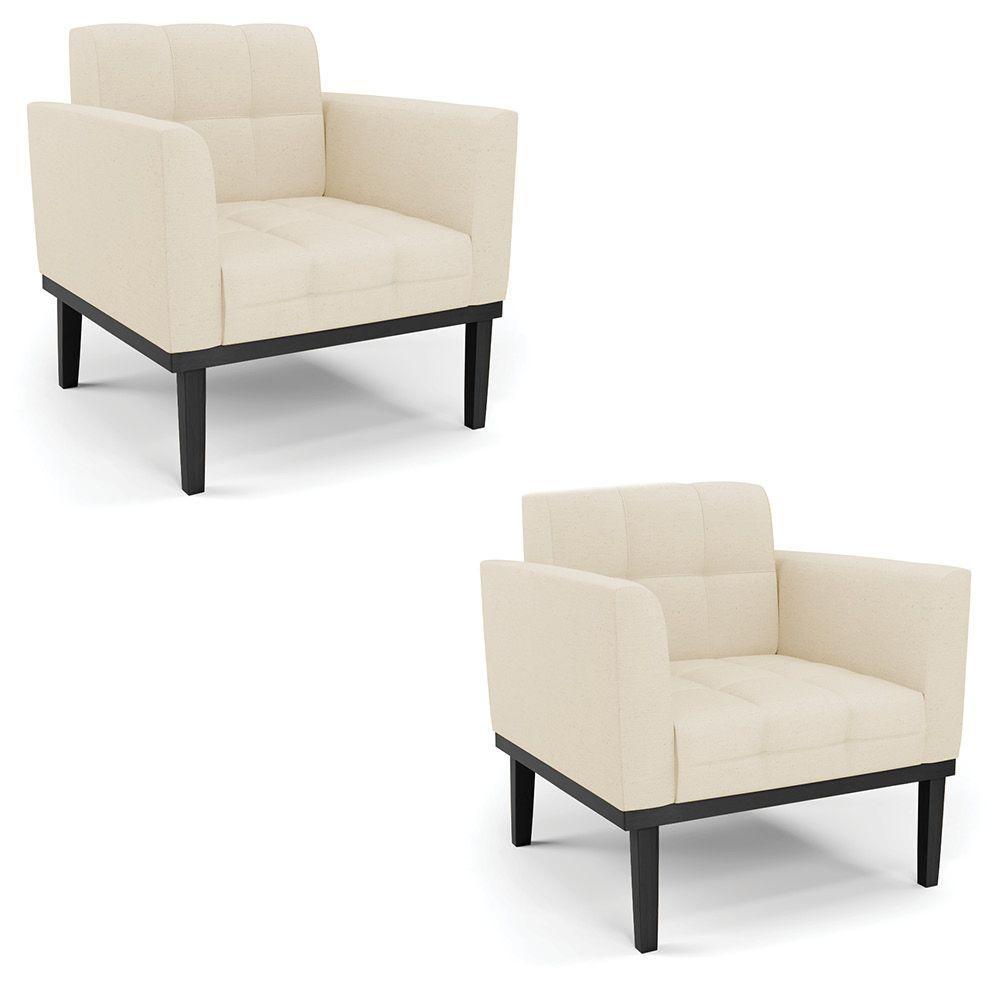 Poltrona Base De Madeira Fixa Preto Kit 2 Elisa Linho Bege A19 D03 - D'rossi - 1