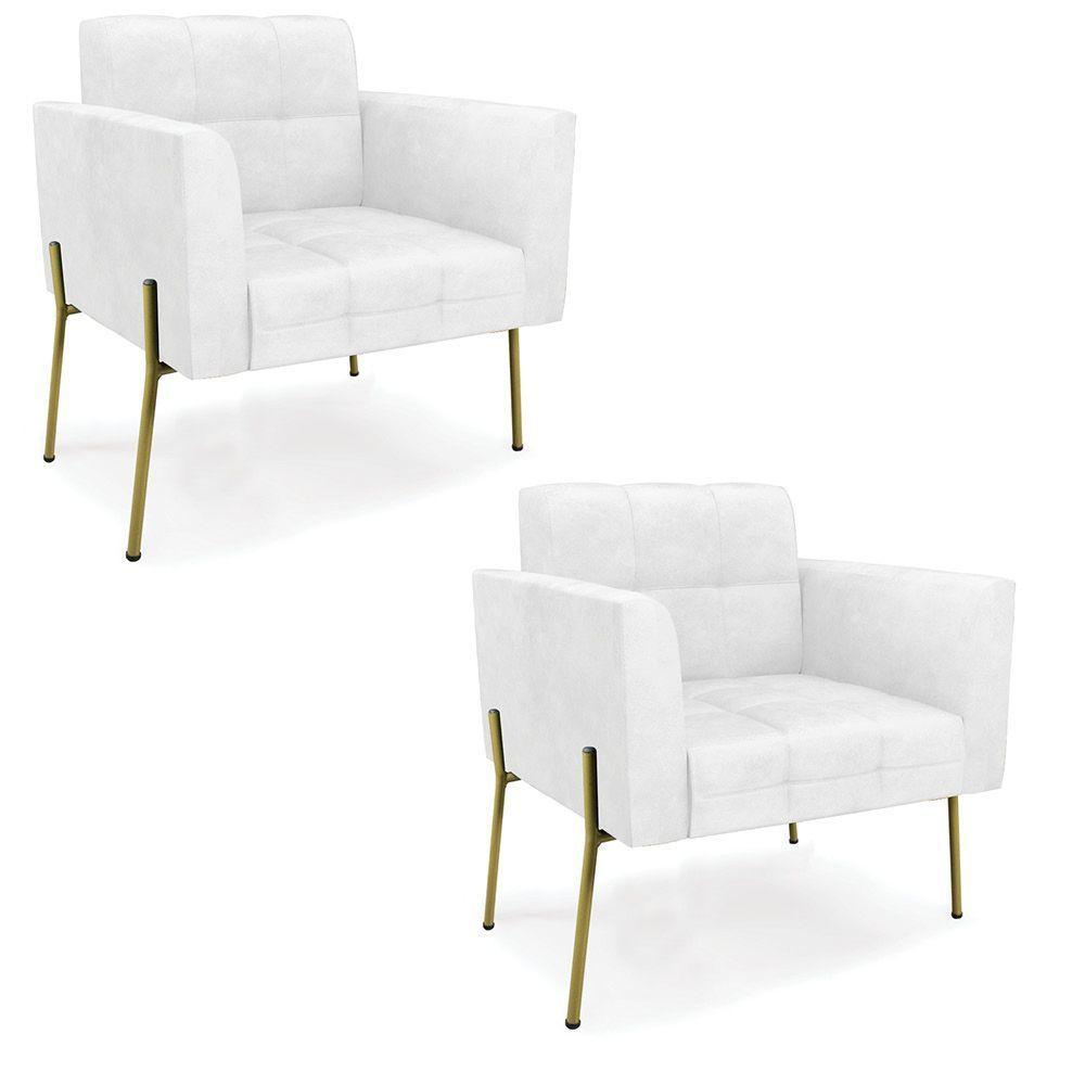 Poltrona Pé De Ferro Dourado Para Sala Kit 2 Elisa Corano D03 - D'rossi Cor Branco - 1